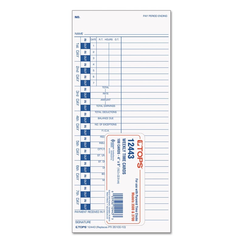 TOPS Time Cards, Weekly, 1-Sided, 4" x 9", White Stock, Blue Print, 100-Count (12443) - Image 2